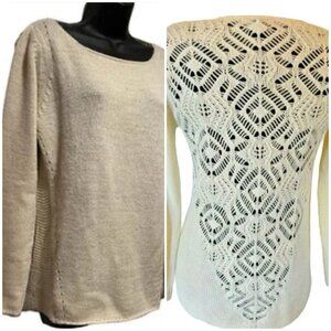 Italian Wool Blend Womens Medium Bianca B. Open Weave Back Cream Tunic Sweater